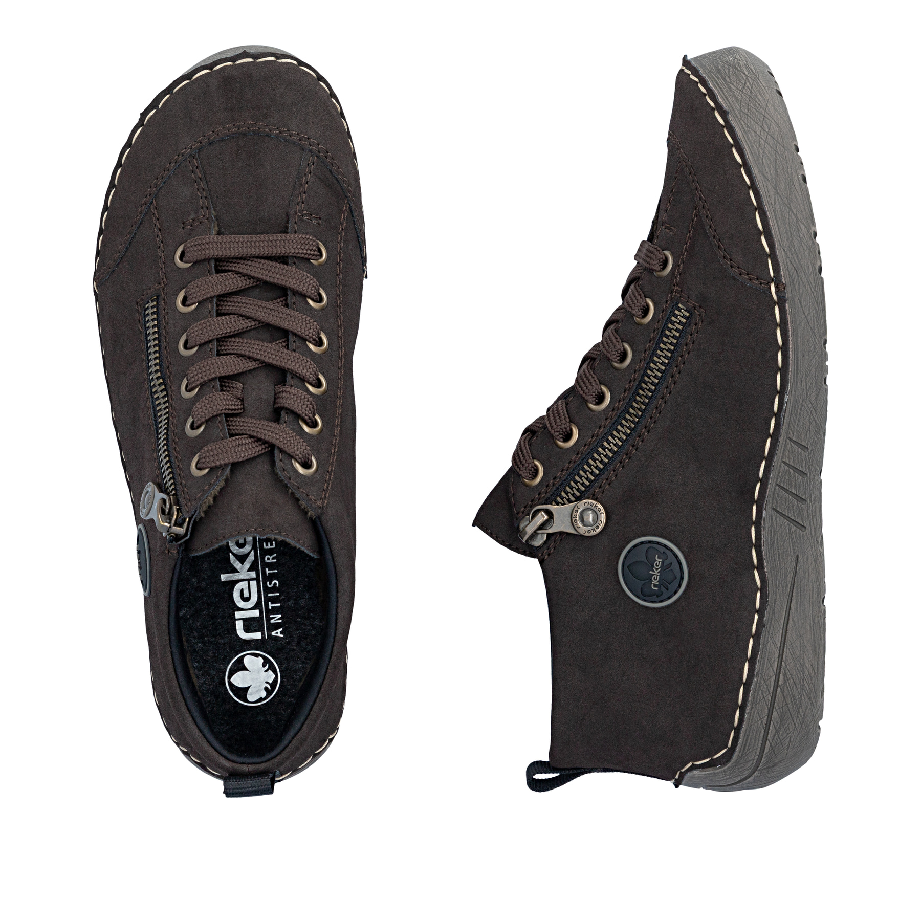 Dunkelbraune Rieker Damen Schnürstiefel 52514-26 mit auffälligem Logo. Schuh von oben, liegend.