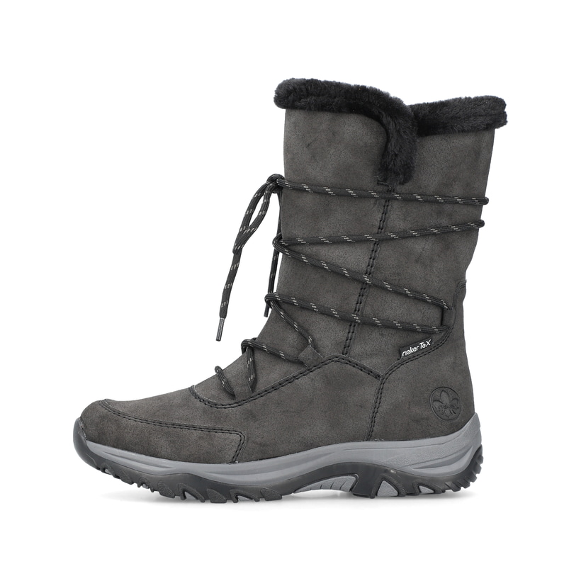 Graue Rieker Damen Schnürstiefel M9684-45 mit wasserabweisender TEX-Membran. Schuh Außenseite.