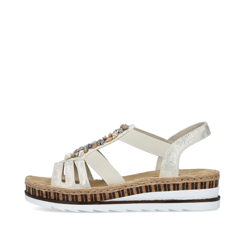 Goldene Rieker Keilsandaletten V7949-90 mit Schmuckelementen sowie Gummizug. Schuh Außenseite.