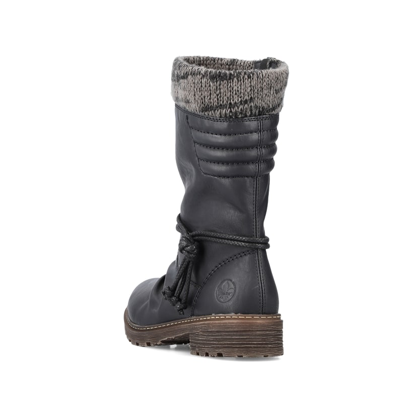 
Tiefschwarze Rieker Damen Kurzstiefel Z4755-00 mit einer robusten Profilsohle. Schuh von hinten