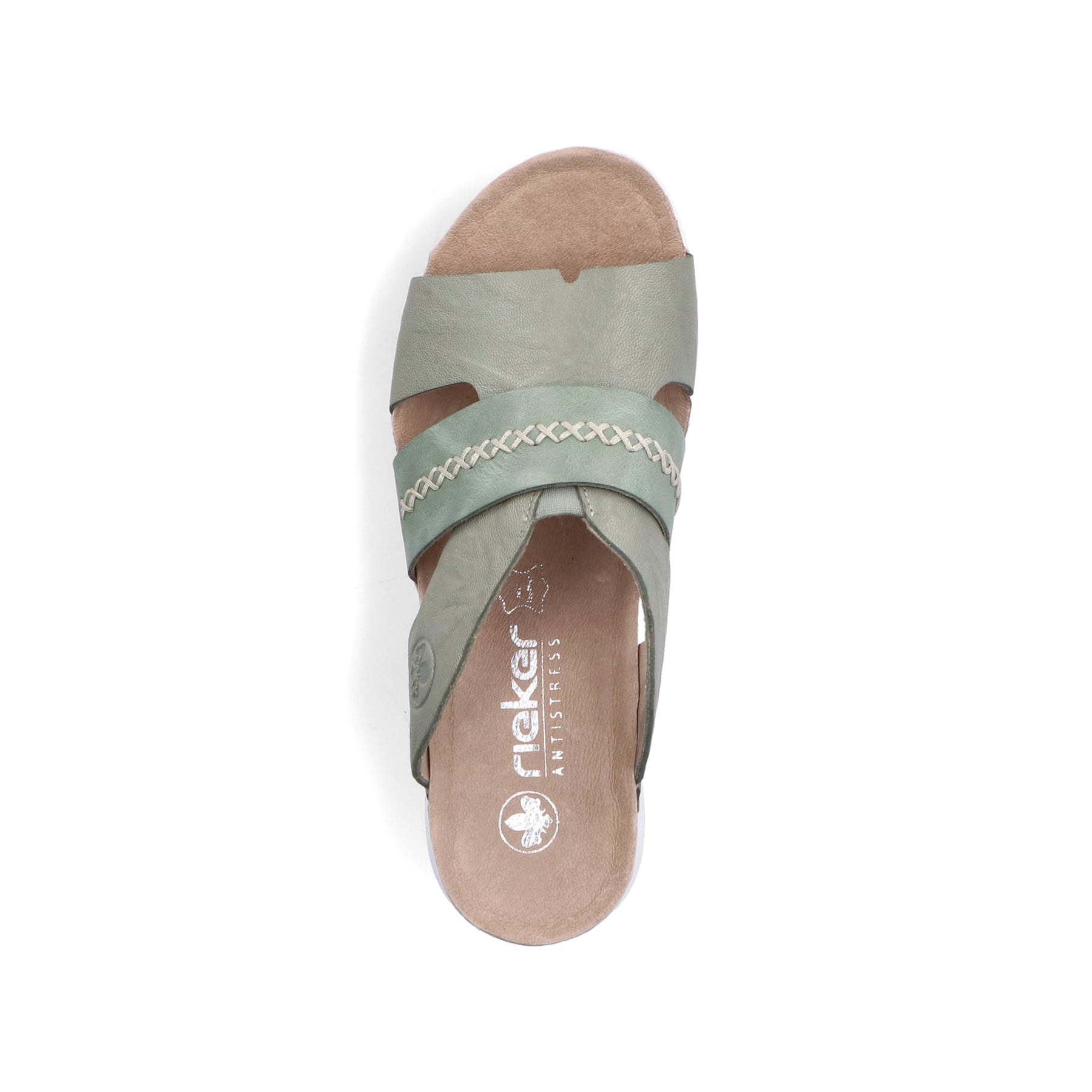 Grüngraue Rieker Damen Pantoletten 64469-52 mit groben Ziernähten. Schuh von oben.