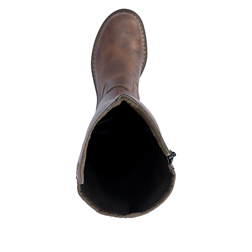 Braune Rieker Damen Hochschaftstiefel 72657-22 mit einem Reißverschluss. Schuh von oben.