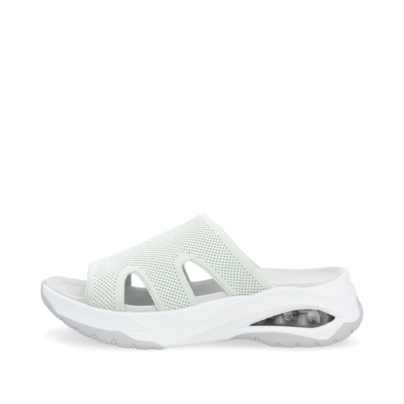 Grüne vegane Rieker Damen Pantoletten W3150-52 mit Gummizug sowie leichter Sohle. Schuh Außenseite.