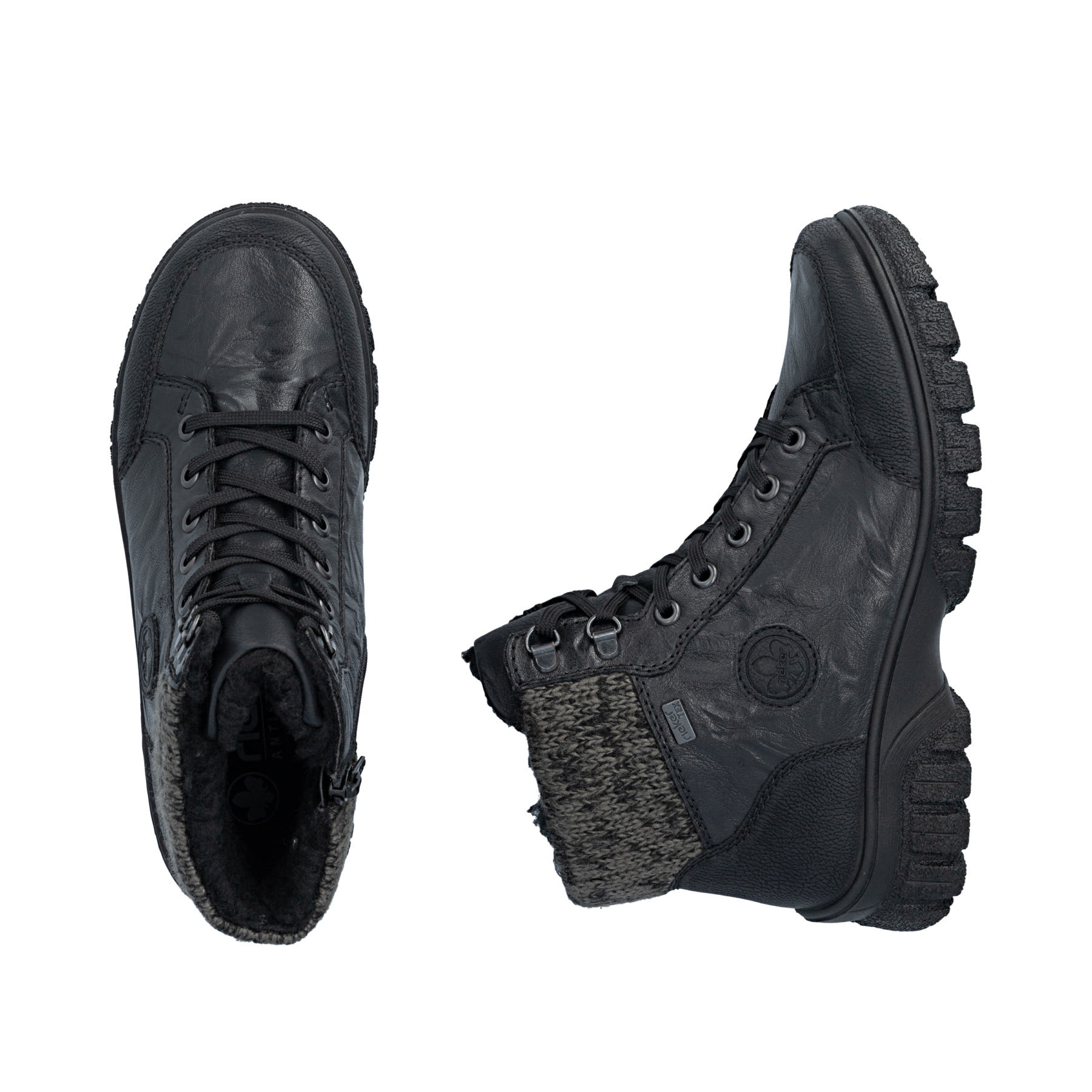 Schwarze Rieker Damen Schnürstiefel Z7230-00 aus Glattleder. Schuh von oben, liegend.