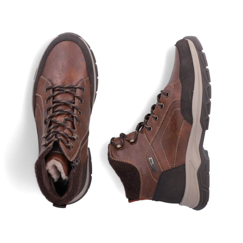 Braune Rieker Herren Schnürstiefel 30212-24 mit wasserabweisender TEX-Membran. Schuh von oben, liegend.