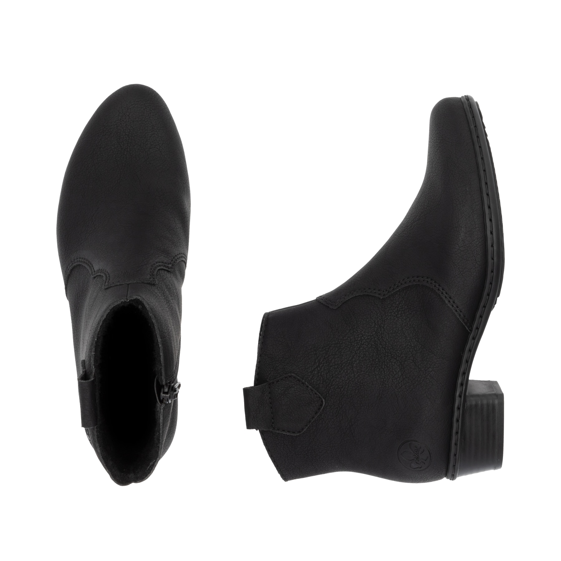 Schwarze Rieker Damen Stiefeletten Y0762-00 mit einem Reißverschluss. Schuh von oben, liegend.