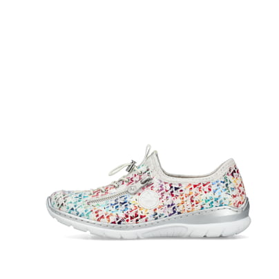 Mehrfarbige Rieker Damen Slipper L3252-90 mit Deko-Reißverschluss sowie Gummizug. Schuh Außenseite.