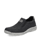 Schwarze Rieker Herren Slipper 03553-00 mit Elastikeinsatz sowie Extraweite H. Schuh seitlich schräg.