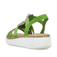 Grüne Rieker Keilsandaletten 63251-52 mit Schmuckelementen sowie einem Gummizug. Schuh von hinten.