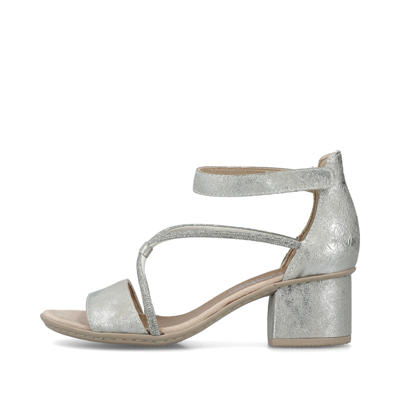 Silberne Rieker Riemchensandaletten 64654-40 mit einem Klettverschluss. Schuh Außenseite.