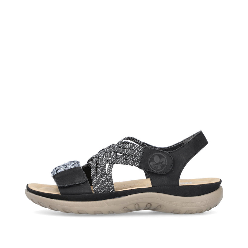 Schwarze Rieker Damen Trekkingsandalen 64889-00 mit einem Klettverschluss. Schuh Außenseite.