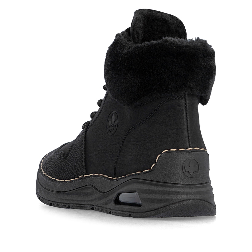 Schwarze Rieker Damen Schnürstiefel 44555-00 mit Rieker Air Sohlenfenster. Schuh von oben.