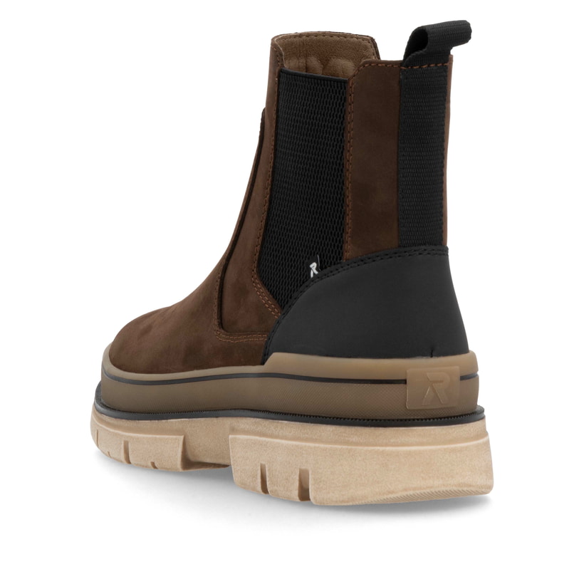 Braune Rieker Herren Chelsea Boots U1272-25 mit TR-Sohle mit leichtem EVA-Inlet. Schuh von hinten.