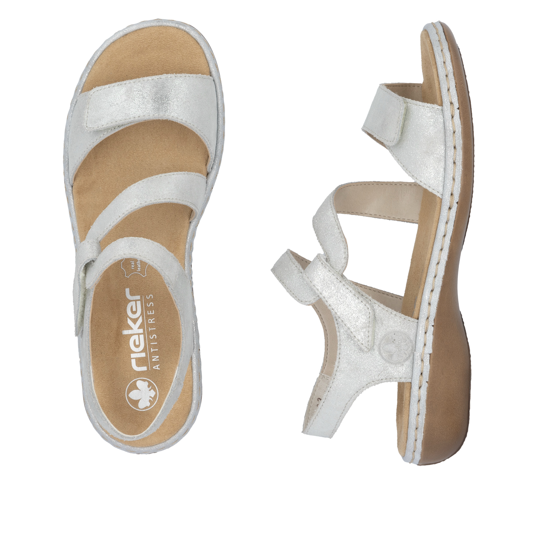 Silberne Rieker Damen Riemchensandalen 659C7-93 mit einem Klettverschluss. Schuh von oben, liegend.
