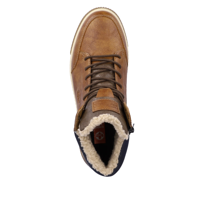 Nougatbraune Rieker Herren Schnürstiefel 18930-25 mit Schnürung und Reißverschluss. Schuh Laufsohle