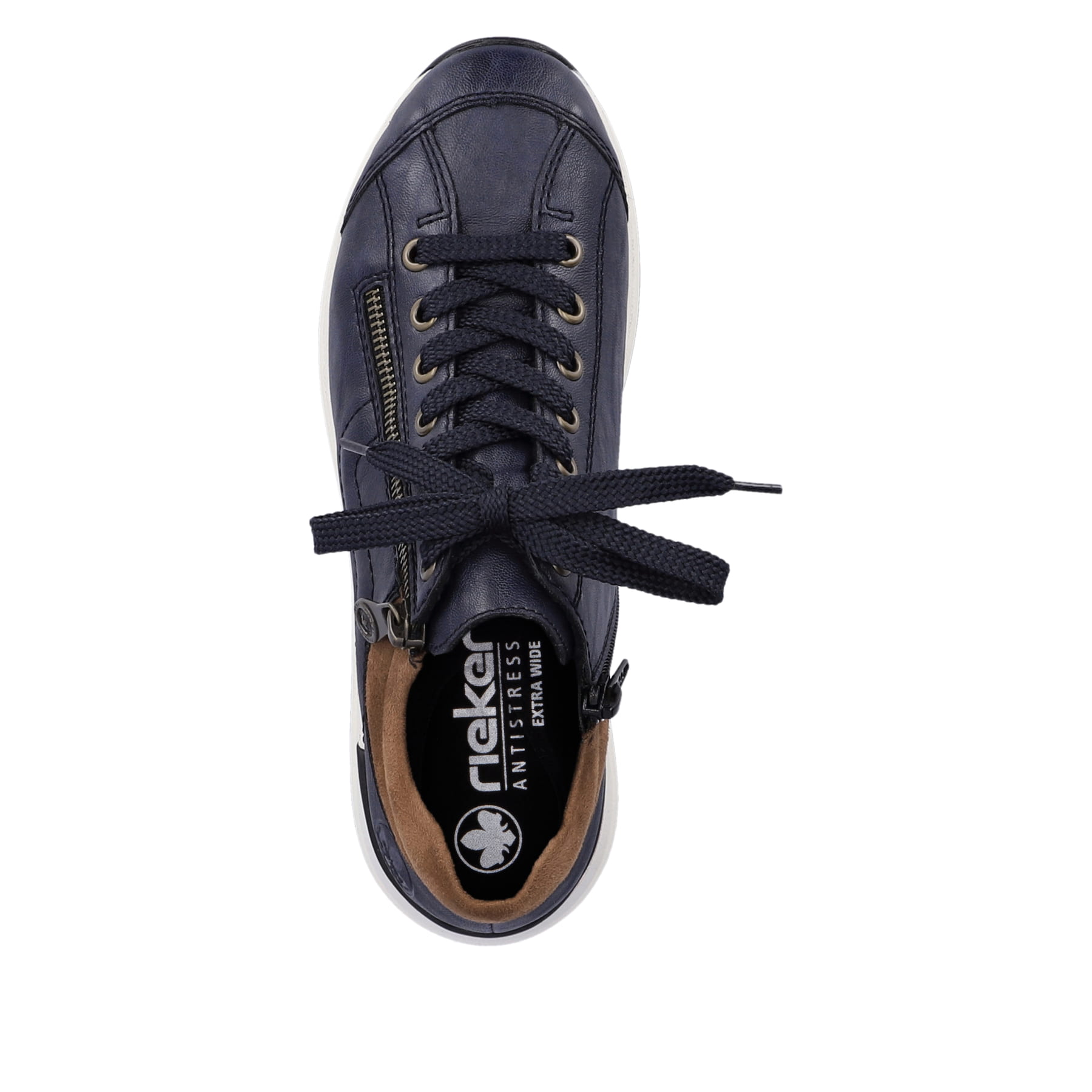 Baskets basses Rieker bleues femme N1400-14 avec bord de tige rembourré. Semelle extérieure de la chaussure.