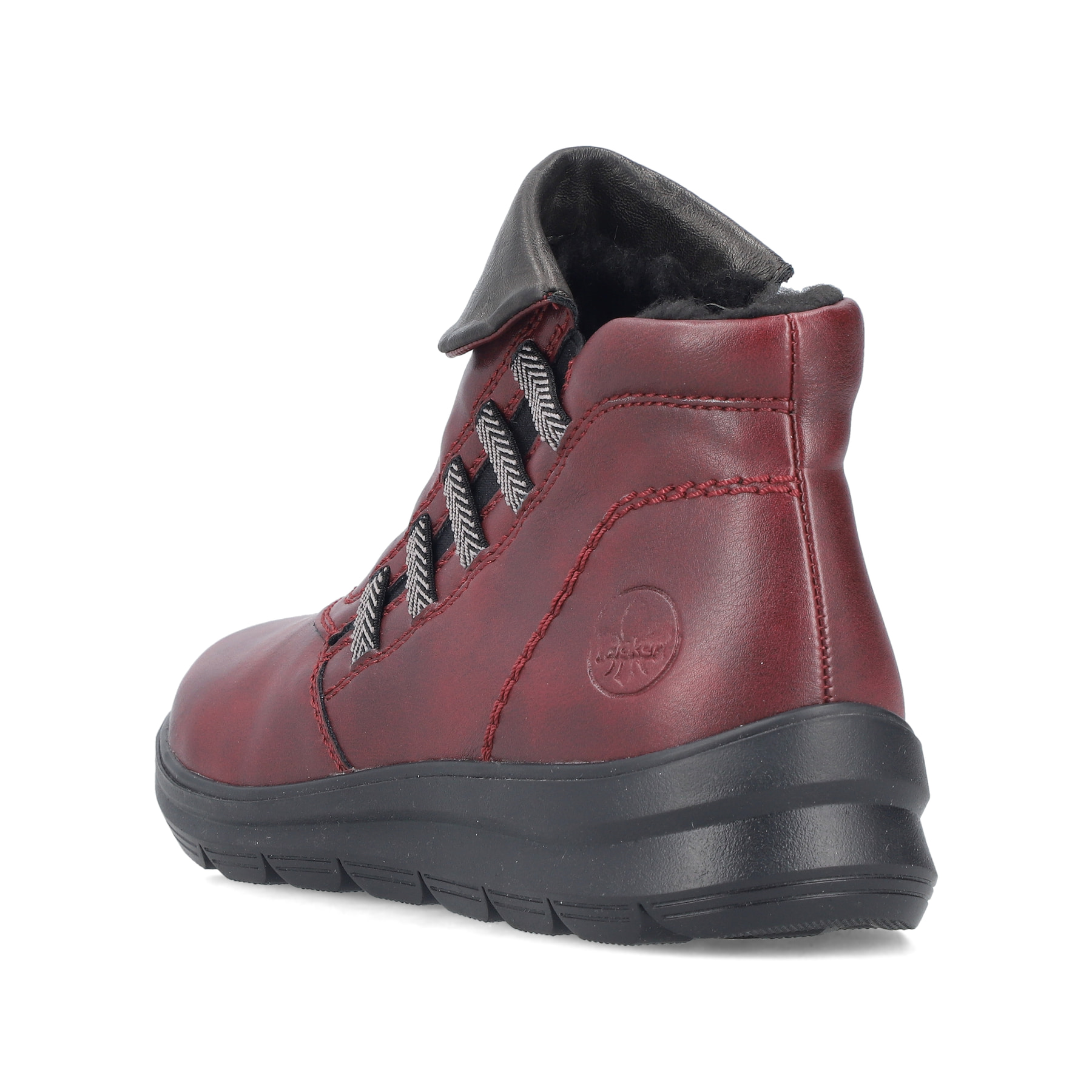 Weinrote Rieker Damen Kurzstiefel Z0071-35 mit einem Reißverschluss. Schuh von hinten.