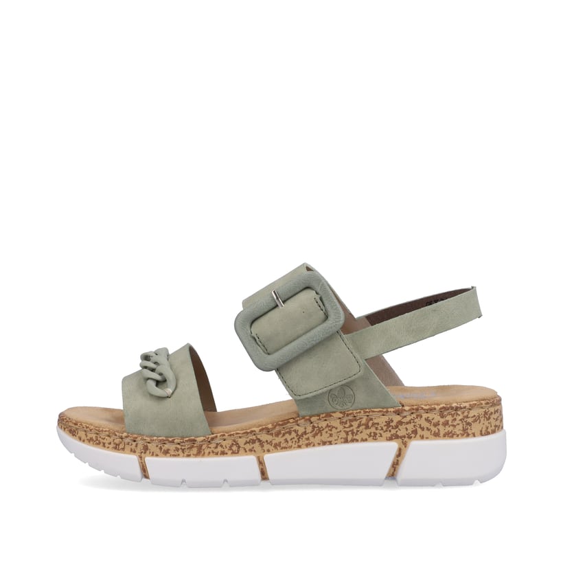 Grüne Rieker Damen Riemchensandalen V2350-52 mit einem Klettverschluss. Schuh Außenseite.