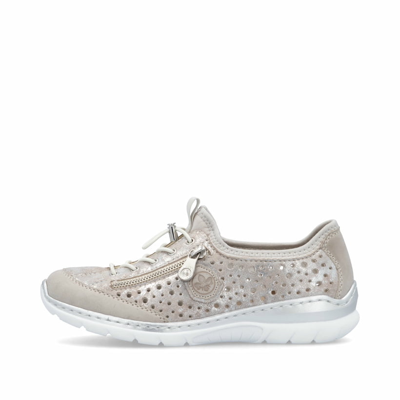 Metallische Rieker Damen Slipper L32P6-90 mit Deko-Reißverschluss sowie Gummizug. Schuh Außenseite.