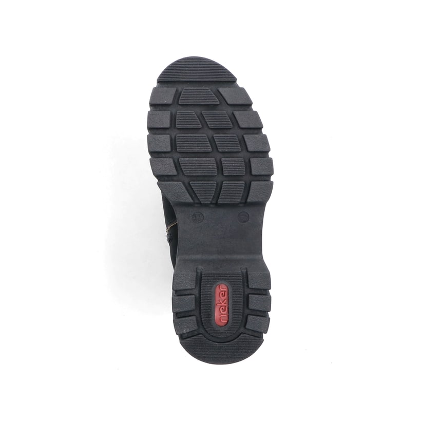 Schwarze Rieker Damen Kurzstiefel 71864-00 mit einem Reißverschluss. Schuh Laufsohle.