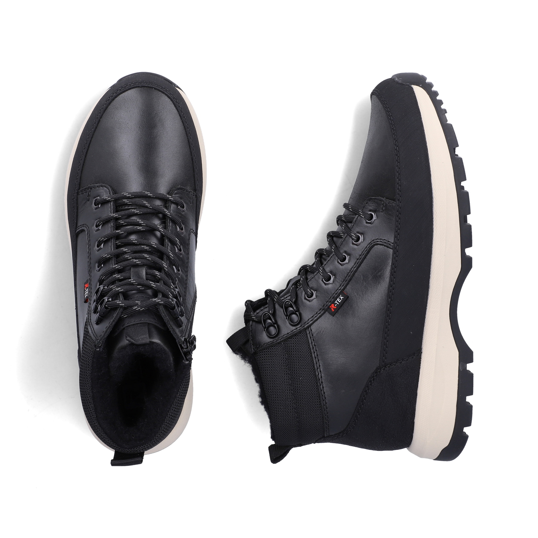 Schwarze Rieker Herren Schnürstiefel U1674-00 aus Glattleder. Schuh von oben, liegend.