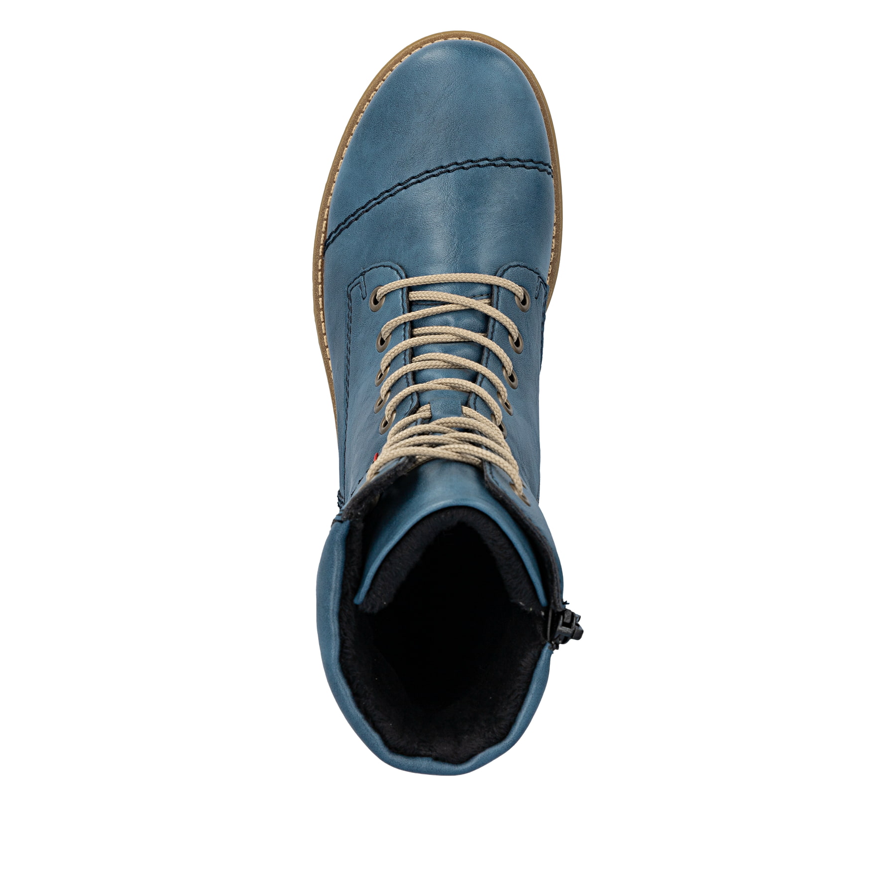 Hellblaue Rieker Damen Schnürstiefel 73570-14 mit gepolstertem Schaftrand. Schuh von oben.