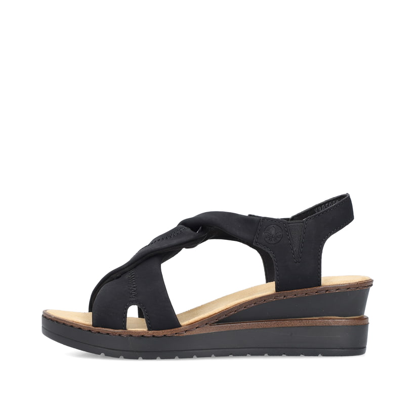 Tiefschwarze Rieker Keilsandaletten V3850-00 mit einem Elastikeinsatz. Schuh Außenseite.