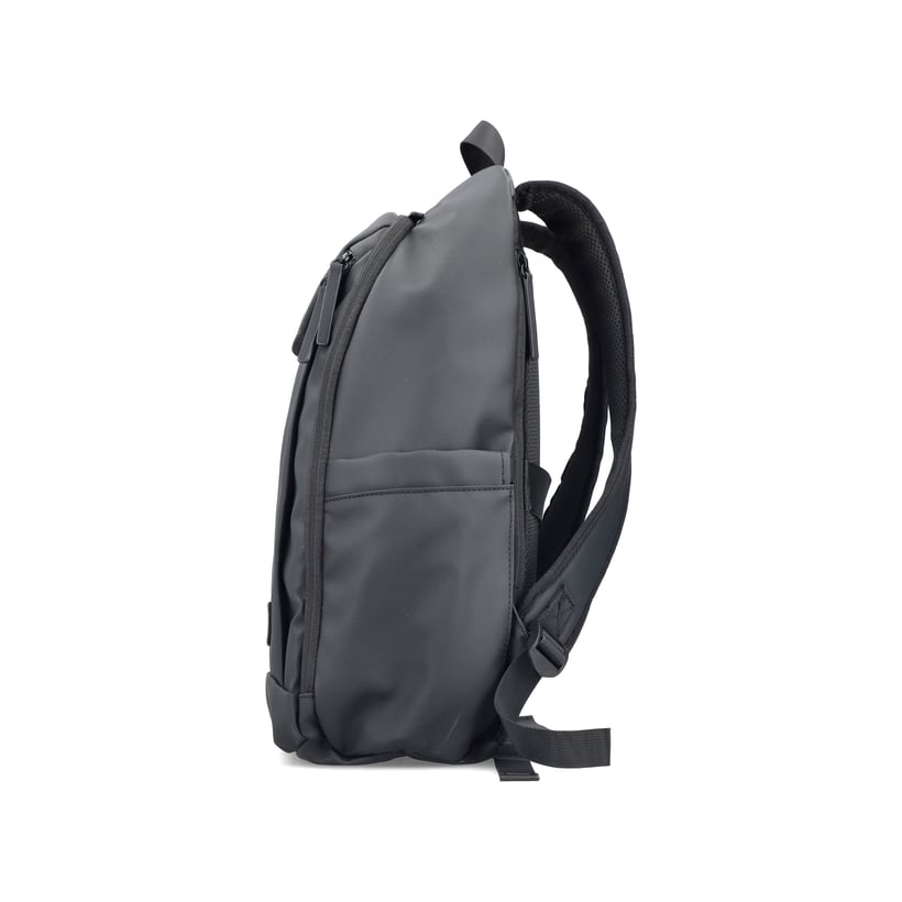 Sac à dos Rieker H5103-00 noir avec fermeture éclair et compartiment pour ordinateur portable. Côté gauche.