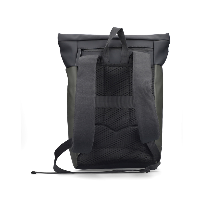 Sac à dos Rieker H5101-54 vert avec fermeture éclair, compartiment rembourré pour ordinateur portable et bretelles ajustable. Arrière.