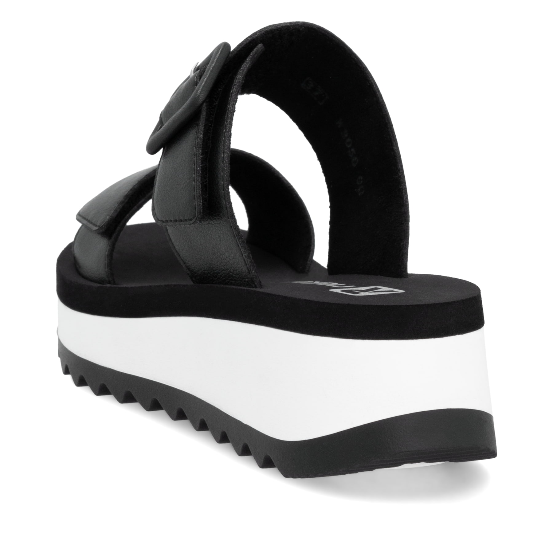 Schwarze Rieker Damen Pantoletten W3050-00 mit einem Klettverschluss. Schuh von hinten.