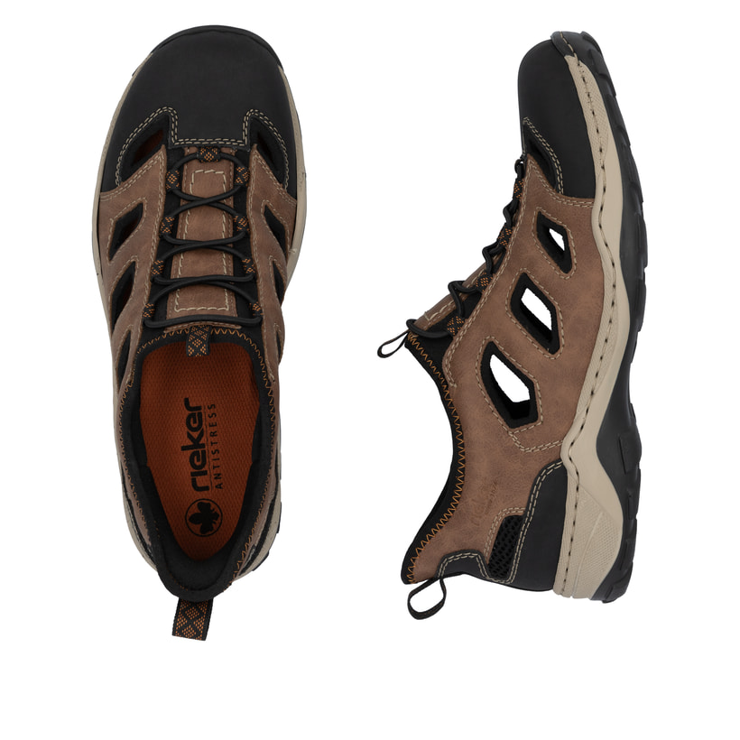 Braune Rieker Herren Slipper 08078-24 mit easy Hineinschlüpf-Möglichkeit. Schuh von oben, liegend.