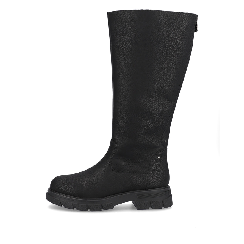
Tiefschwarze Rieker Damen Kurzstiefel Z9172-00 mit einer robusten Profilsohle. Schuh seitlich schräg