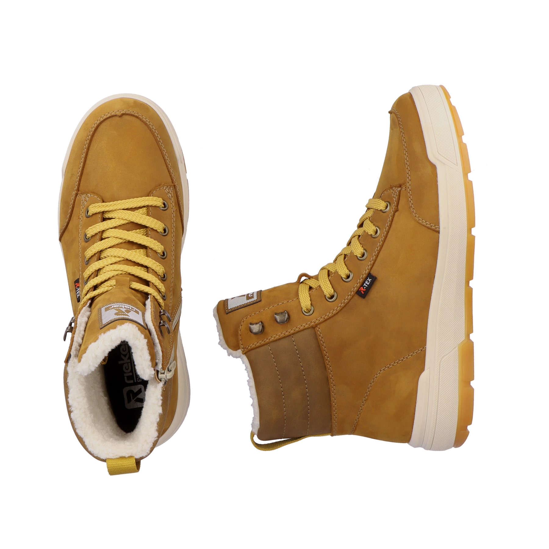 Goldgelb-braune Rieker Herren Schnürstiefel U0071-68 aus Rauleder. Schuh von oben, liegend.