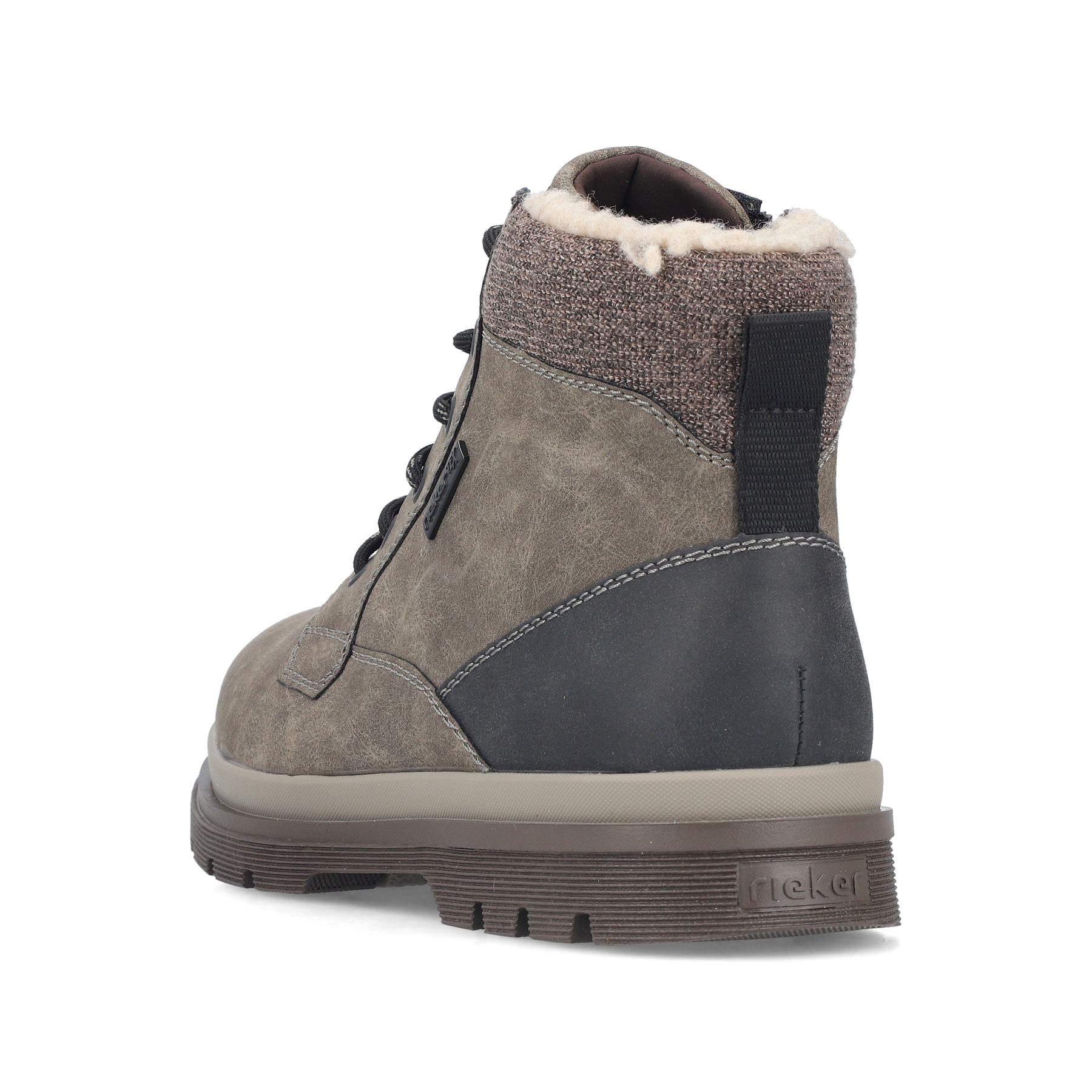 Grau-braune Rieker Herren Schnürstiefel F7010-25 mit modernen Ziernähten. Schuh von hinten.