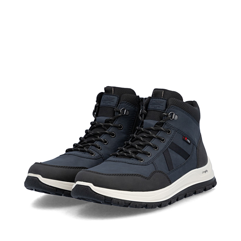 Dunkelblau-schwarze Rieker Herren Schnürstiefel B8120-14 mit Reißverschluss. Schuhpaar seitlich schräg.