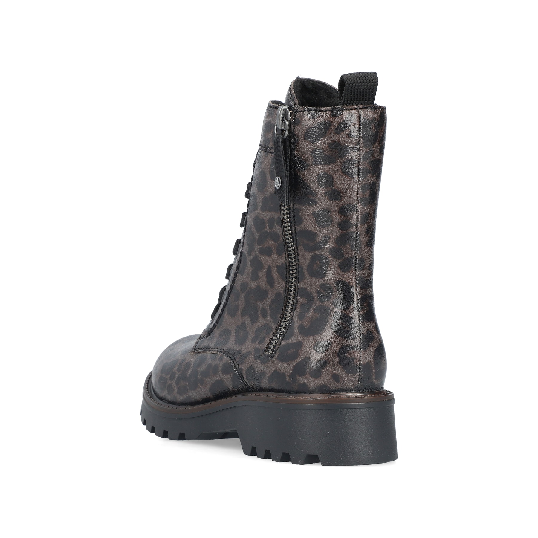 Graue vegane Rieker Damen Biker Boots 73210-42 mit Leo-Print. Schuh von hinten.