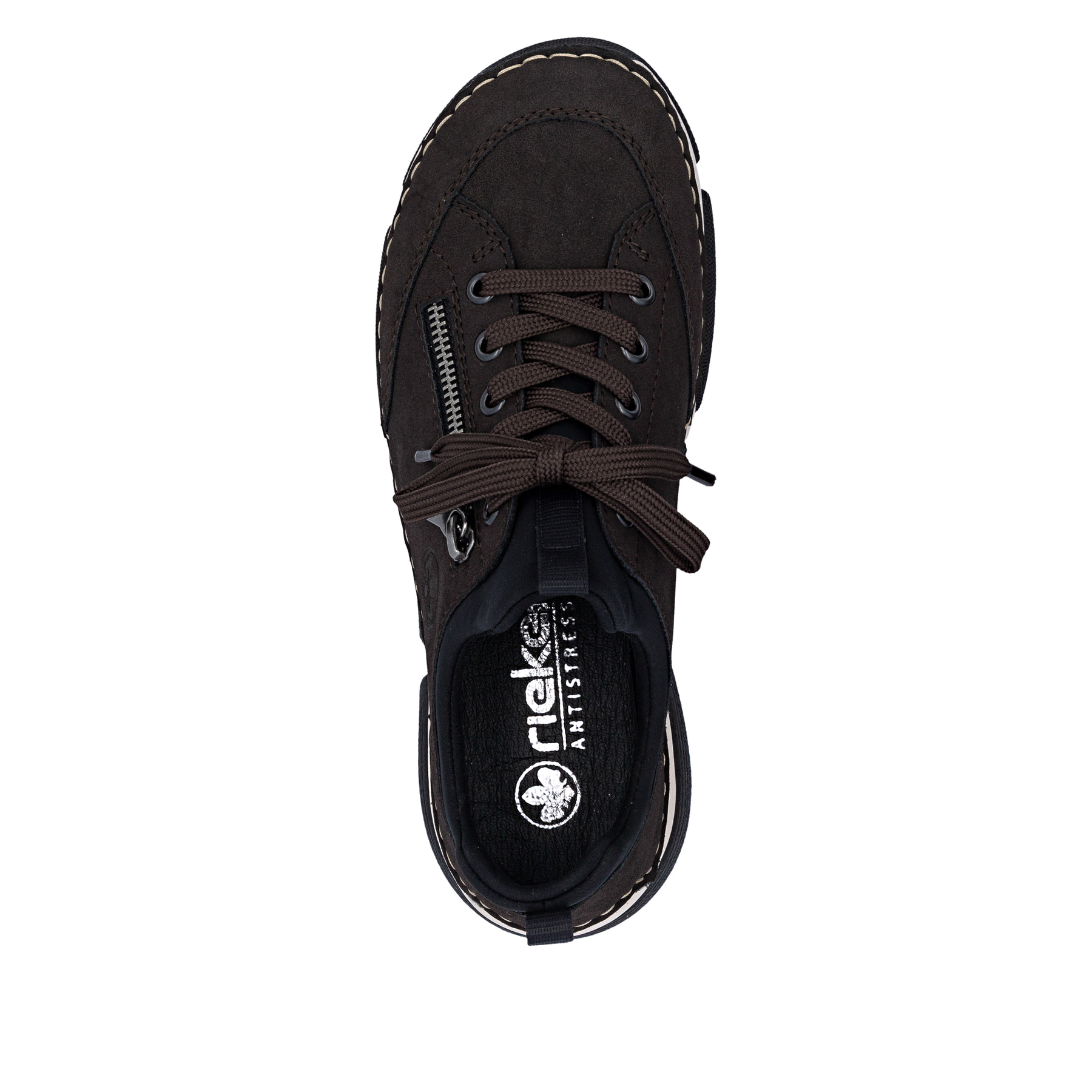 Dunkelbraune Rieker Damen Slipper 45973-25 mit Deko-Reißverschluss. Schuh von oben.