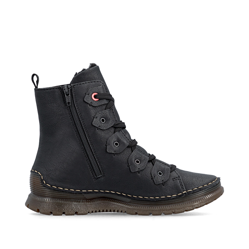 Schwarze Rieker Damen Schnürstiefel 53602-00 mit einem Reißverschluss. Schuh Innenseite.