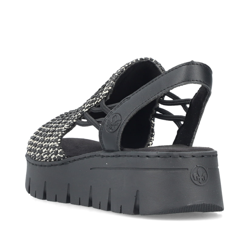 Sandales compensées Rieker noires femme V1051-00 avec bande élastique. Chaussure vue de l'arrière.