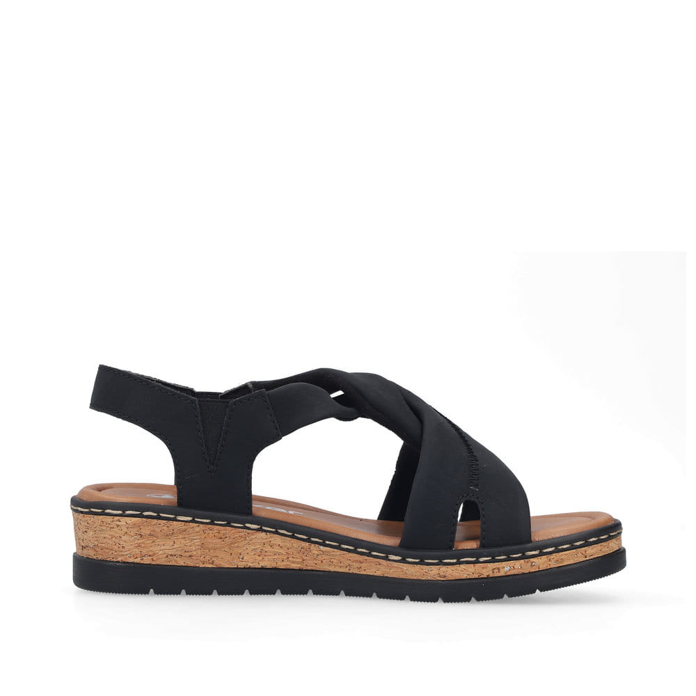 Sandales à lanières Rieker noires femme V4161-00 avec bande élastique. Côté intérieur de la chaussure.
