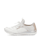 Weiße Rieker Damen Slipper L3294-80 mit einem Gummizug. Schuh Außenseite.
