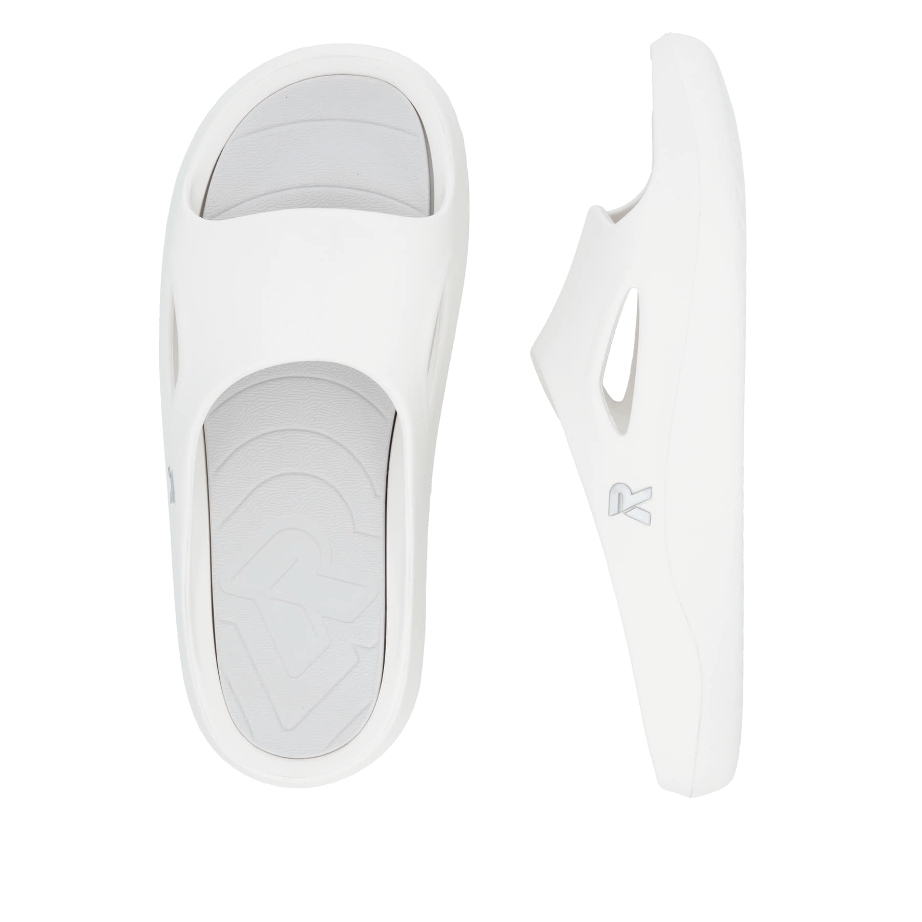 Weiße Rieker Herren Pantoletten U3450-80 mit ultraleichter und flexibler Sohle. Schuh von oben, liegend.