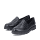 Schwarze Rieker Damen Loafer 45560-02 mit einer extra weichen Decksohle. Schuhpaar seitlich schräg.