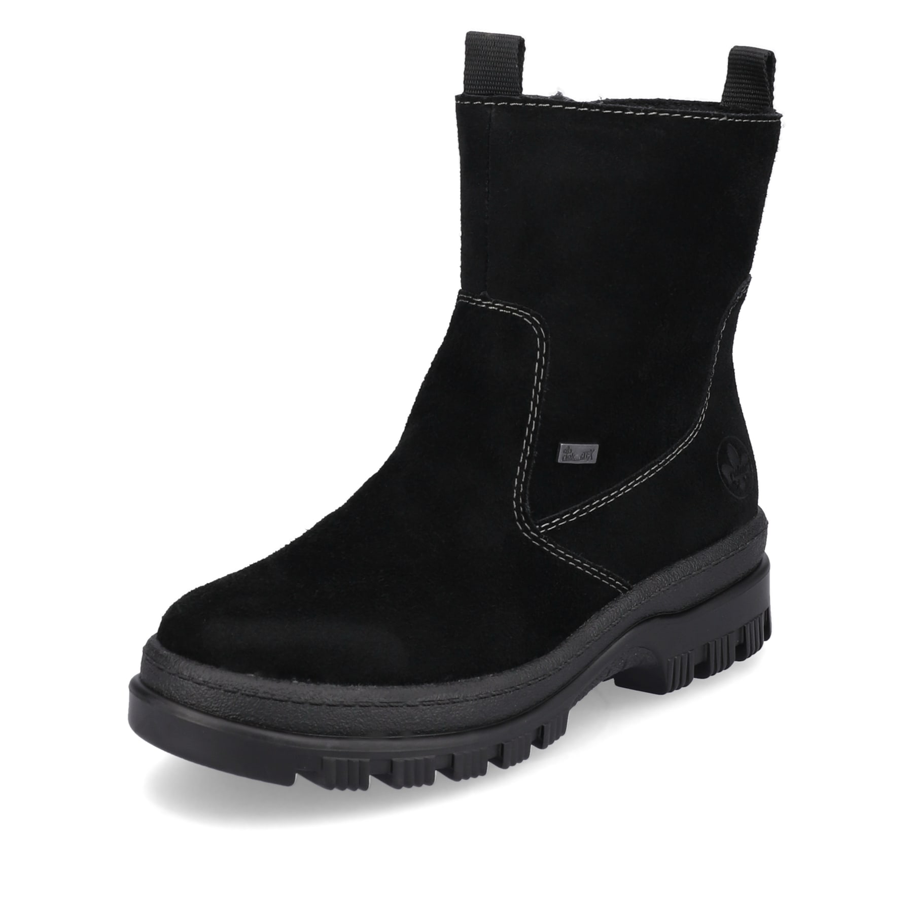 Tiefschwarze Rieker Damen Kurzstiefel X8250-00 mit Flip-Grip Sohle. Schuh seitlich schräg.