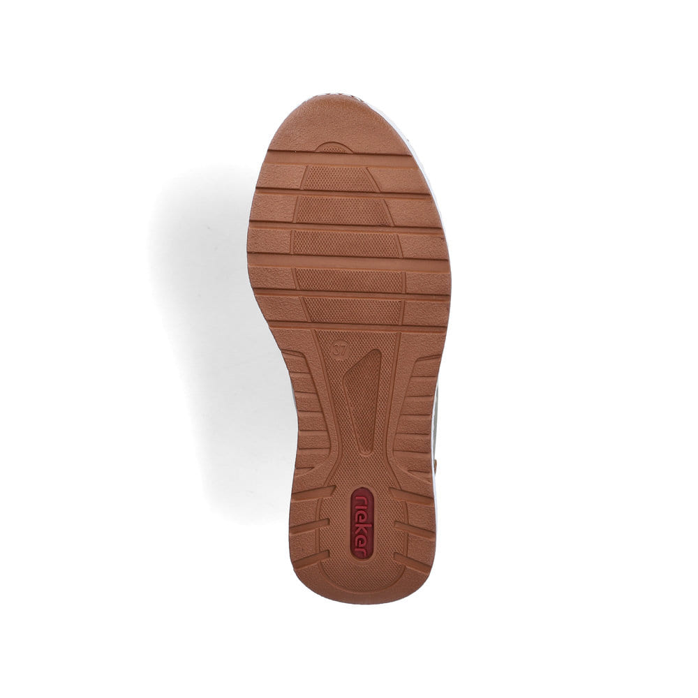 Khakifarbene Rieker Damen Slipper 53160-52 mit einem Gummizug sowie Extraweite H. Schuh Laufsohle.