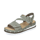 Grüne Rieker Keilsandaletten V7964-52 mit einem Klettverschluss. Schuh seitlich schräg.