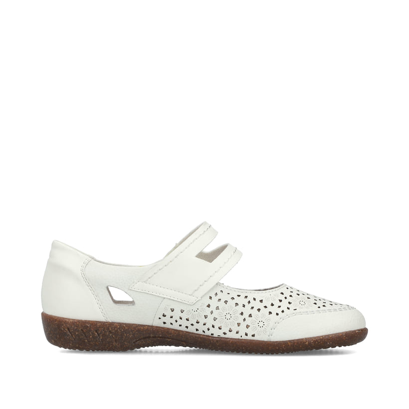 Weiße Rieker Ballerinas 47675-80 mit modernen Ziernähten sowie Klettverschluss. Schuh Innenseite.