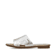 Silberne Rieker Damen Pantoletten 64282-90 mit Gummizug sowie griffiger Sohle. Schuh Außenseite.
