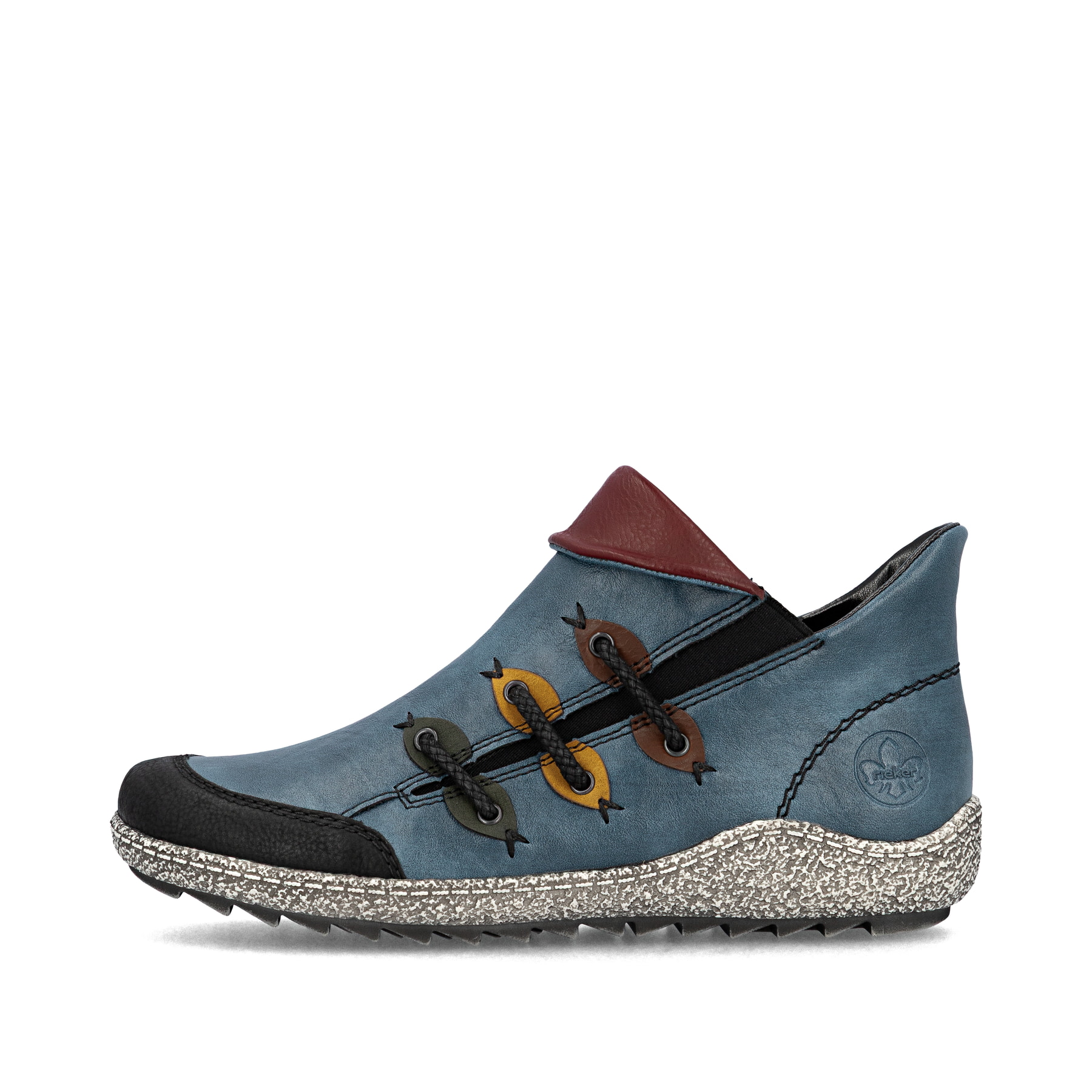 Ozeanblaue Rieker Damen Slipper Z7582-00 mit einer Profilsohle. Schuh Außenseite