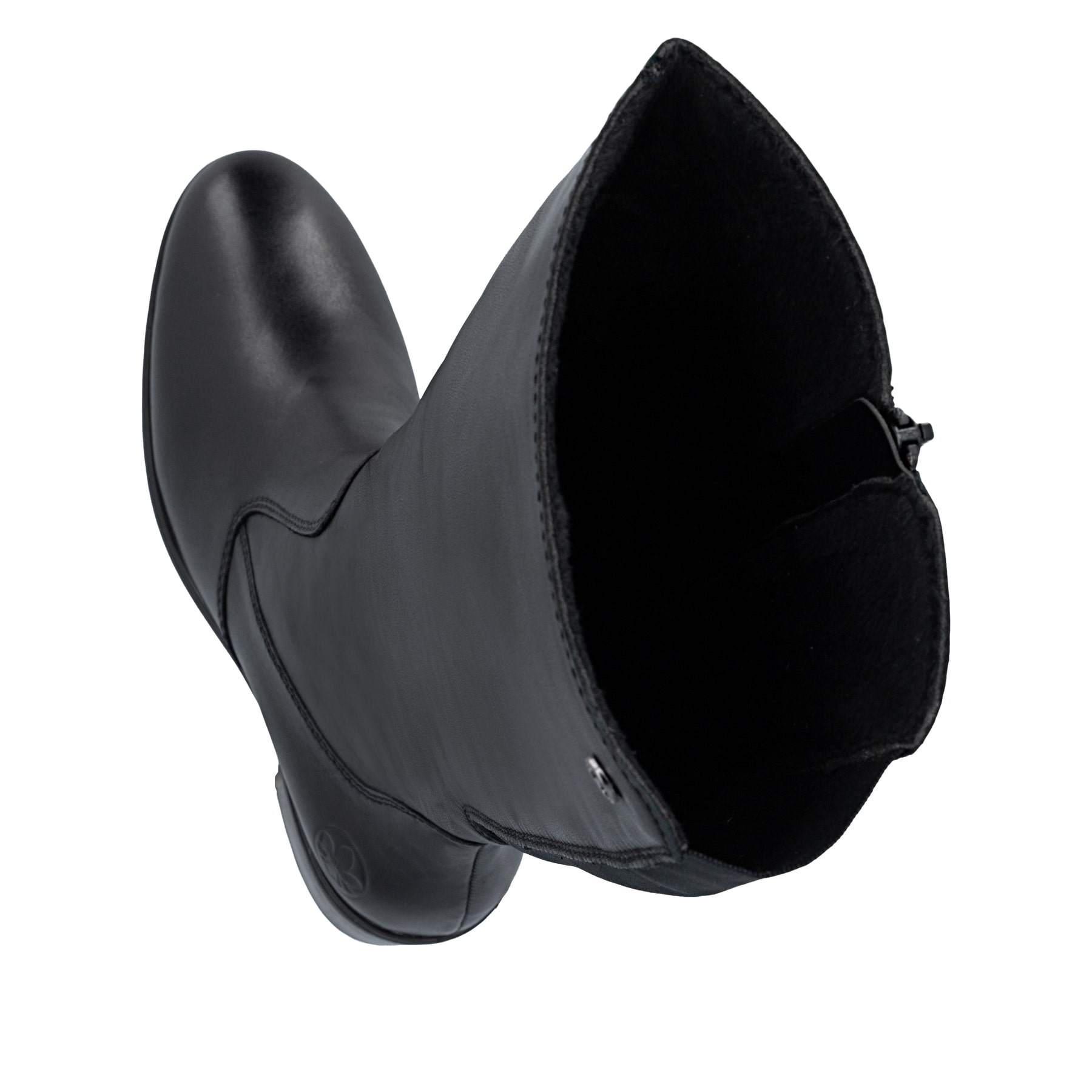 Schwarze Rieker Damen Hochschaftstiefel 73955-00 aus Glattleder. Schuh von oben, liegend.